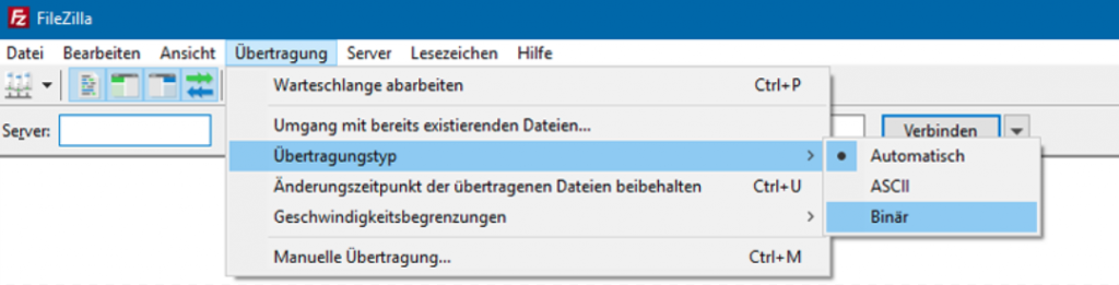 Filezilla Übertragungstyp auswählen